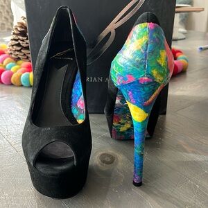Brian Atwood BFBLAYNE gently worn black suede heals multicolored leather heals